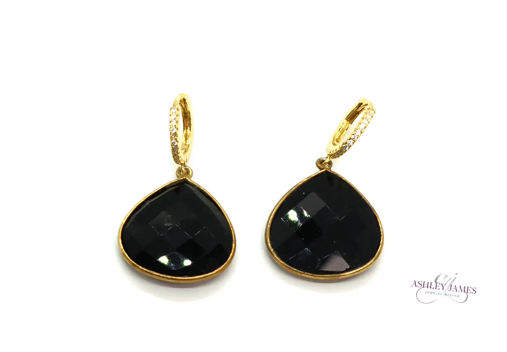 Black Onyx Almond Drop Earrings with Pave Huggies Ashley James Jewelry Design