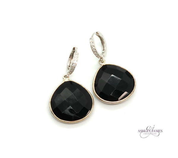 Black Onyx Almond Drop Earrings with Pave Huggies Ashley James Jewelry Design