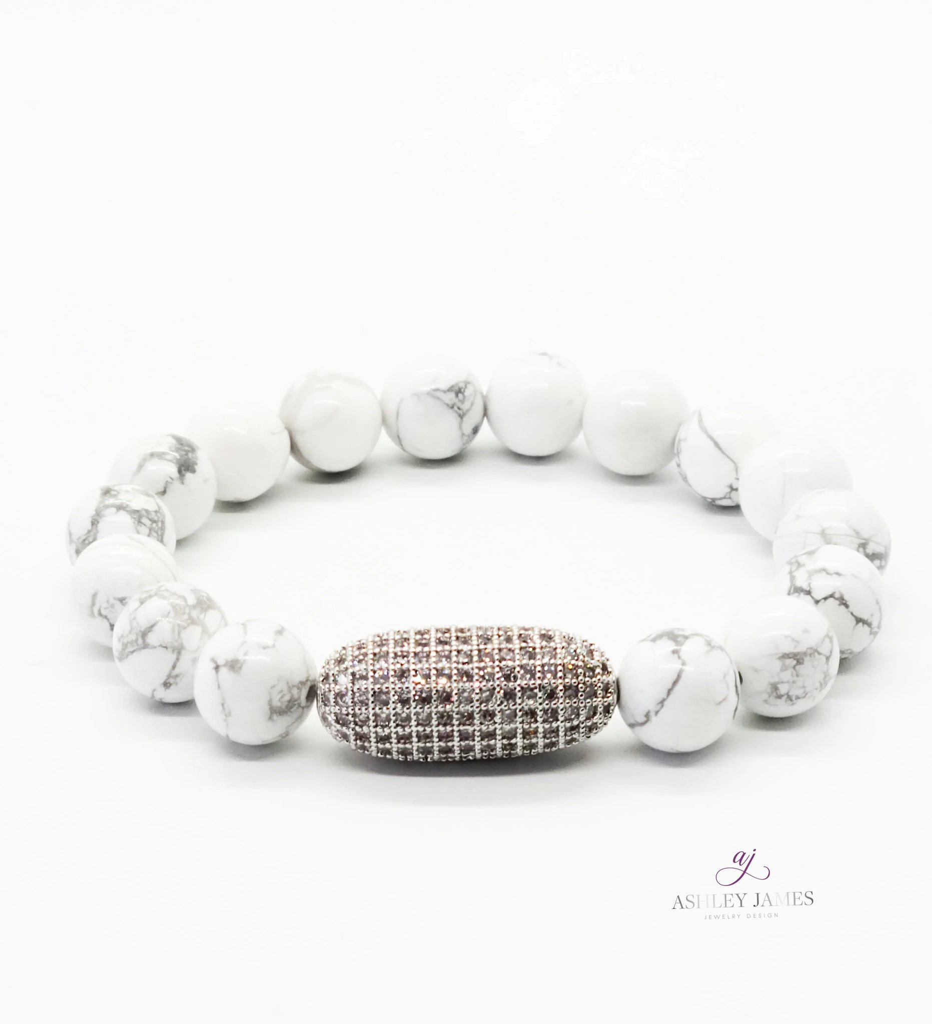 Howlite Gemstone Bracelet with Large Oval Pave Bead Ashley James Jewelry Design