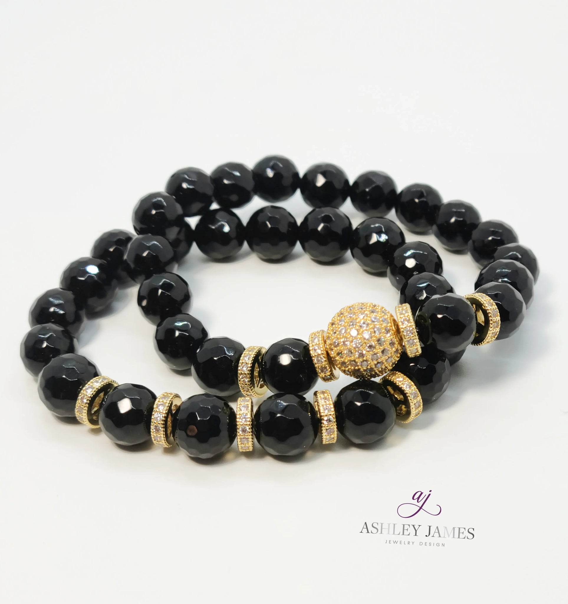 Black Onyx Disco Rondelle Bracelet Set - Ashley James Jewelry Design