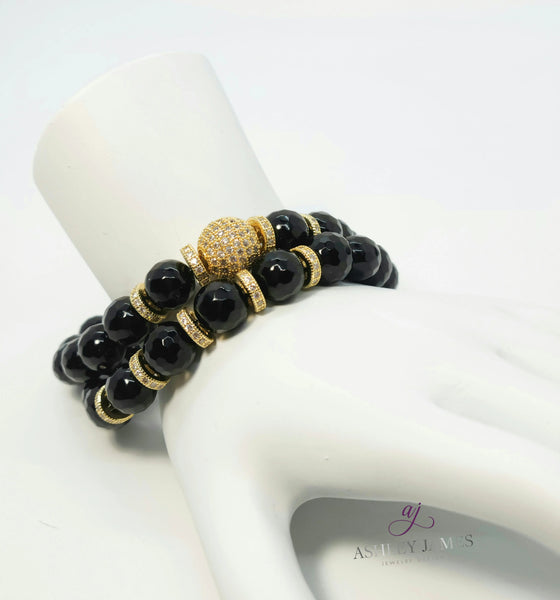 Black Onyx Disco Rondelle Bracelet Set - Ashley James Jewelry Design