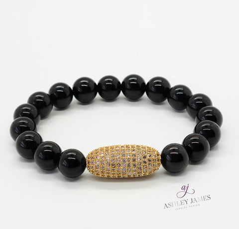 Black Onyx Gemstone Bracelet with Large Pave Oval Bead - Ashley James Jewelry Design