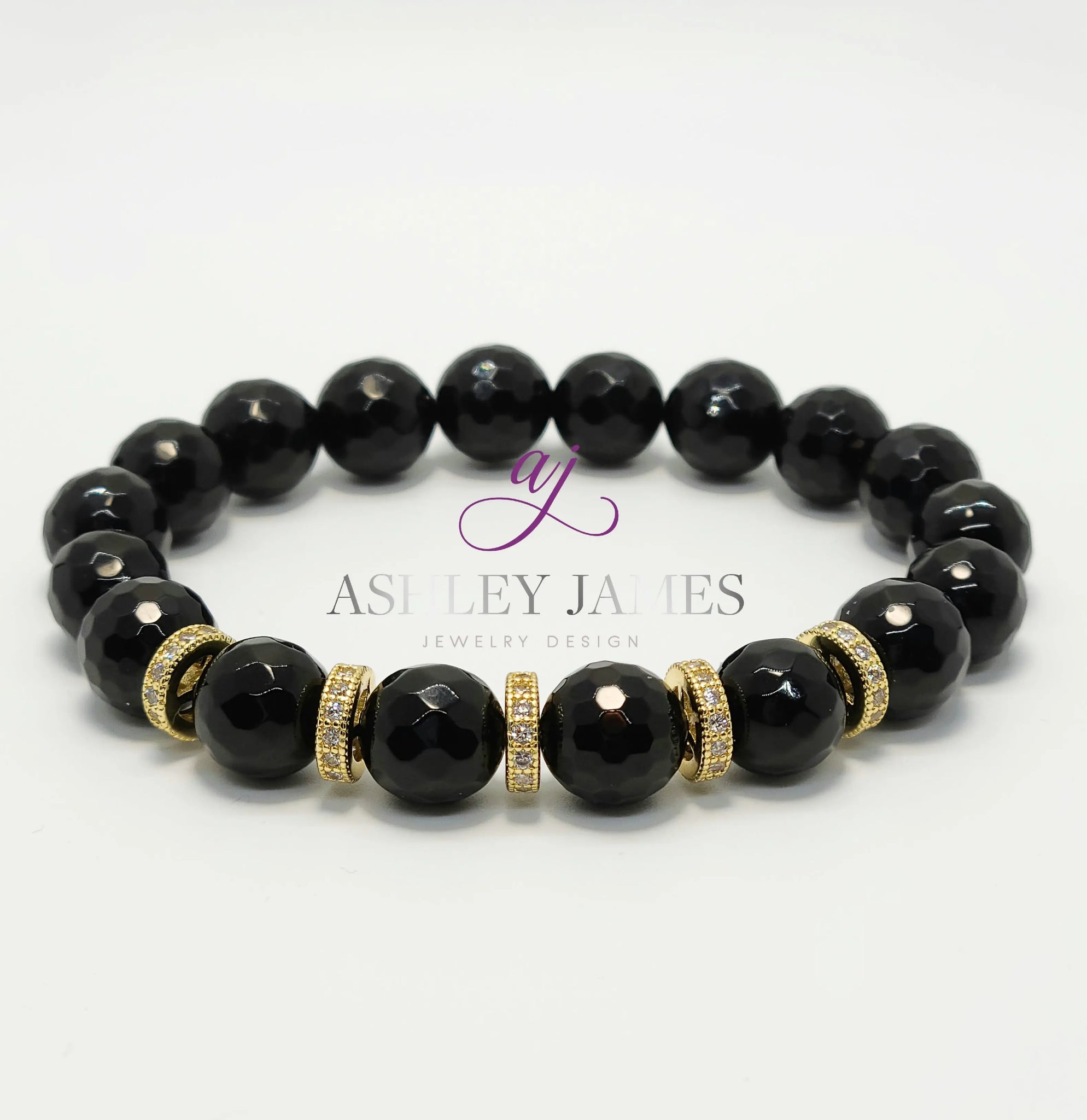 Black Onyx Gemstone Bracelet with Pave Rondelles - Ashley James Jewelry Design