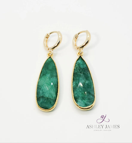 Emerald Gemstone Long Drop Huggie Earrings - Ashley James Jewelry Design