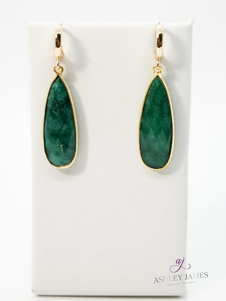 Emerald Gemstone Long Drop Huggie Earrings - Ashley James Jewelry Design