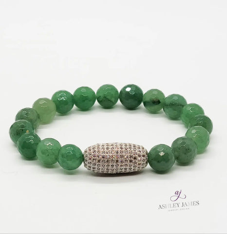 Green Aventurine Gemstone Bracelet with Large Pave Oval Bead - Ashley James Jewelry Design