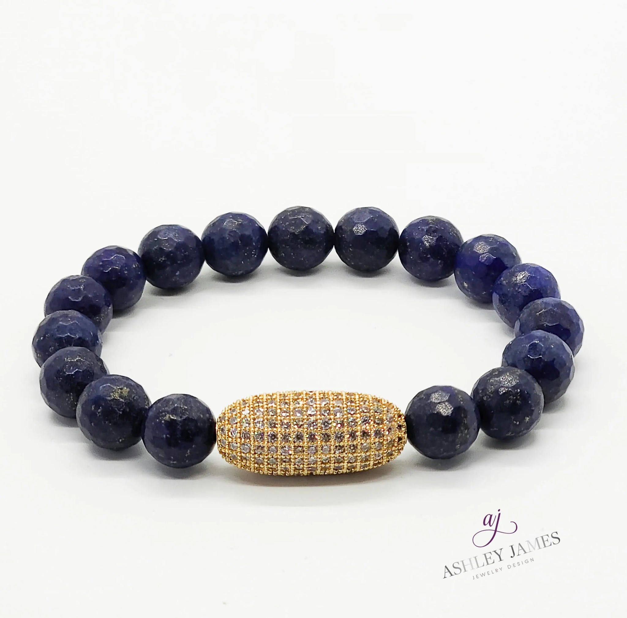 Lapis Lazuli Gemstone Bracelet with Large Pave Oval Bead - Ashley James Jewelry Design