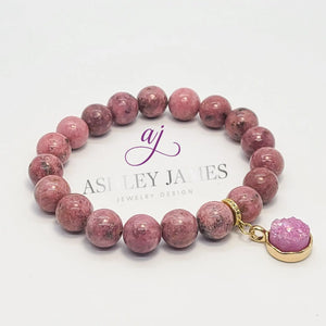 Rhodonite Gemstone Bracelet with Druzy Charm - Ashley James Jewelry Design