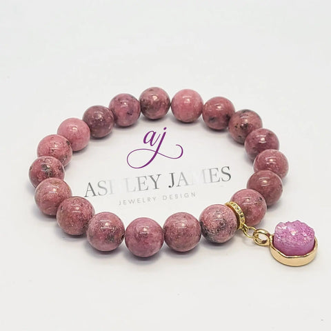 Rhodonite Gemstone Bracelet with Druzy Charm - Ashley James Jewelry Design